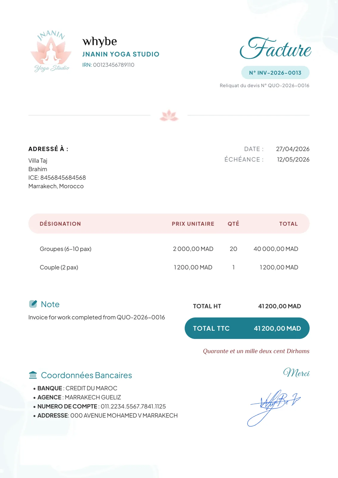 Jnanin Yoga Command Center: the printed invoice